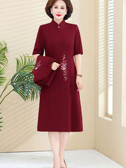 2 Pics Winter Red Mothers Embroidered Cheongsam Dress & Jacket