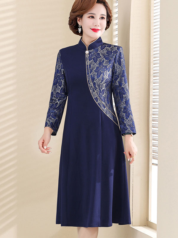 Blue Red Mothers A-Line Winter Cheongsam Qipao Dress