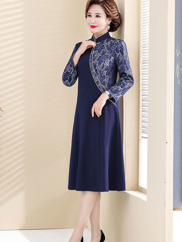 Blue Red Mothers A-Line Winter Cheongsam Qipao Dress