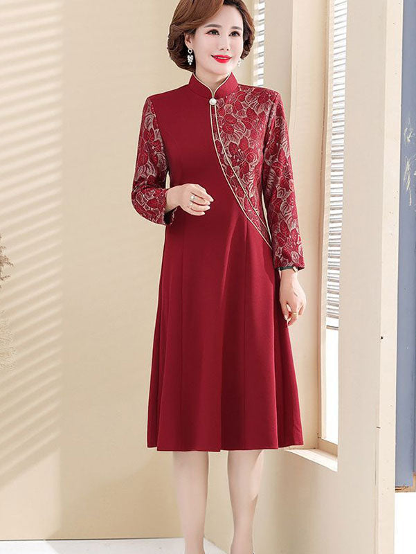 Blue Red Mothers A-Line Winter Cheongsam Qipao Dress