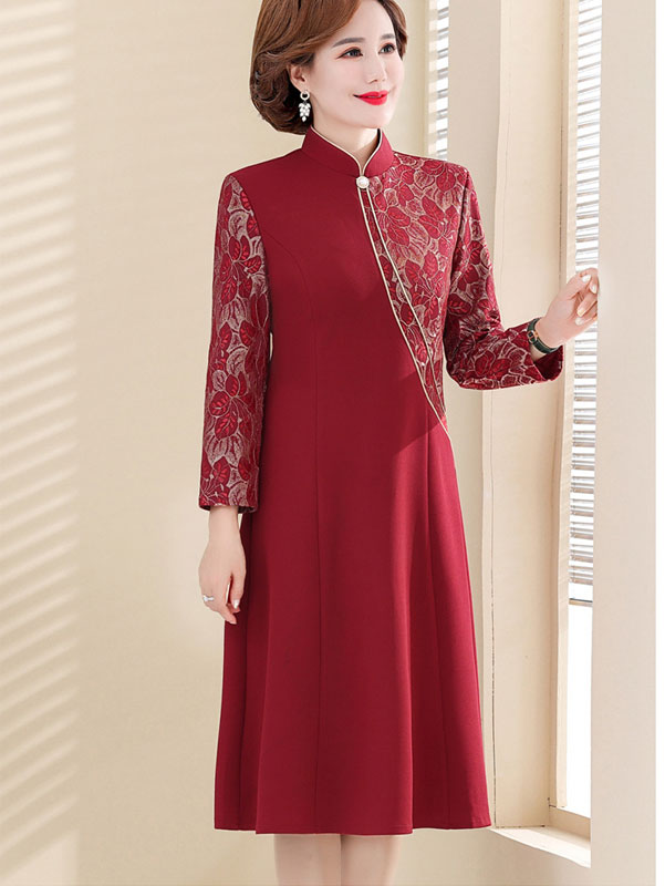 Blue Red Mothers A-Line Winter Cheongsam Qipao Dress