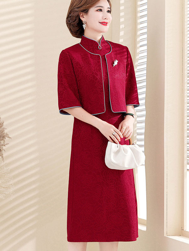2 Pieces Red Bride Mothers Cheongsam Qipao Dress & Jacket