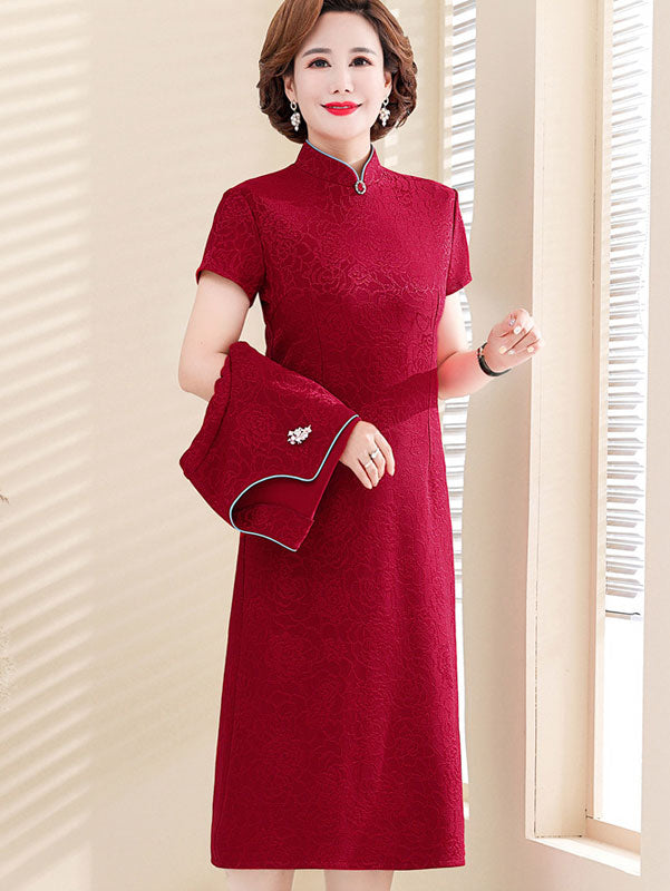 2 Pieces Red Bride Mothers Jacquard Cheongsam Qipao Dress & Jacket