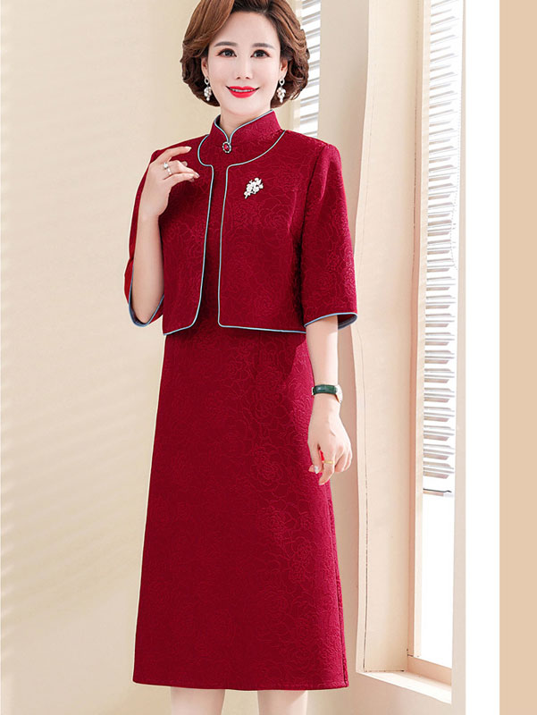 2 Pieces Red Bride Mothers Jacquard Cheongsam Qipao Dress & Jacket