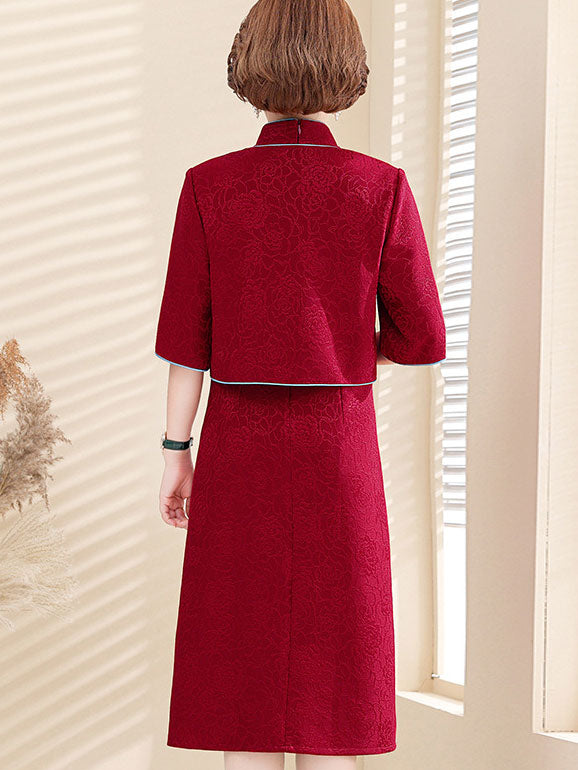 2 Pieces Red Bride Mothers Jacquard Cheongsam Qipao Dress & Jacket