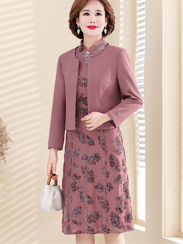 2 Pieces Mothers Floral Cheongsam Qipao Dress & Jacket