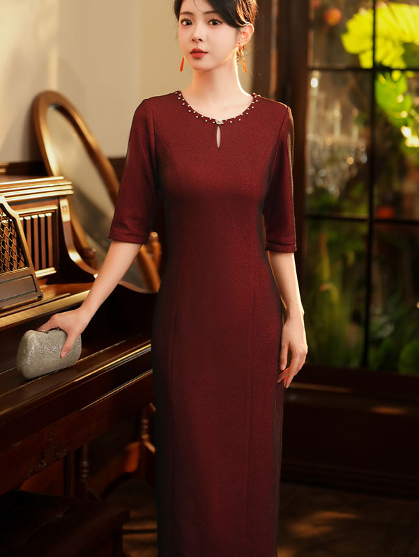 Mothers Round Neck Midi Winter Qipao Cheongsam Dress