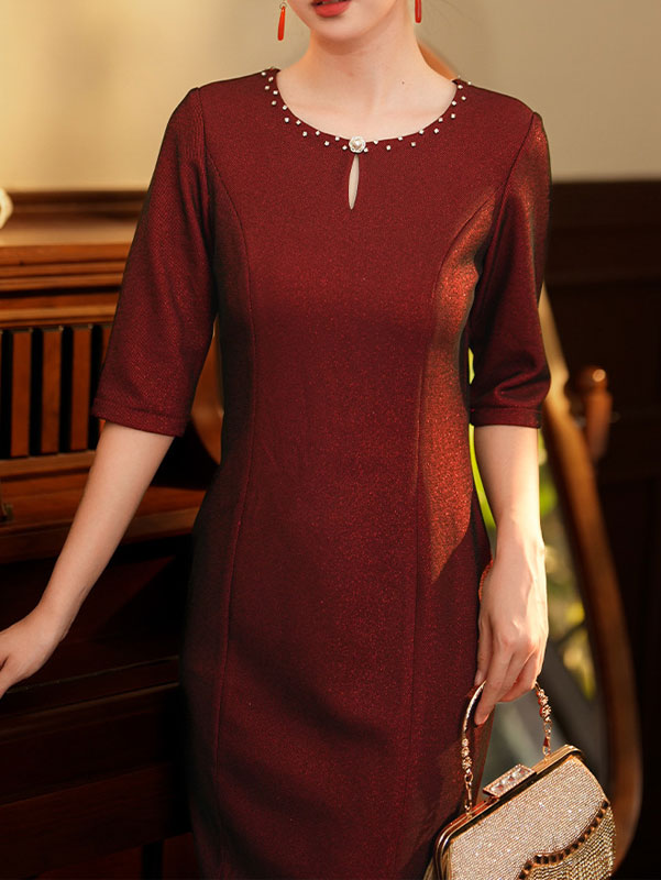 Mothers Round Neck Midi Winter Qipao Cheongsam Dress