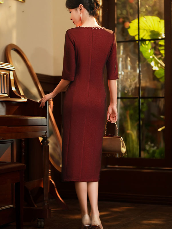 Mothers Round Neck Midi Winter Qipao Cheongsam Dress