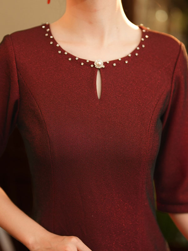 Mothers Round Neck Midi Winter Qipao Cheongsam Dress