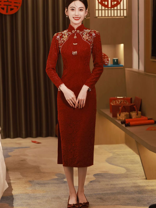 Burgundy Floral Lace Bridal Wedding Cheongsam Qipao Dress