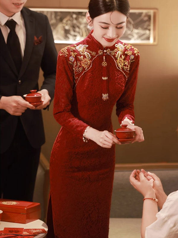 Burgundy Floral Lace Bridal Wedding Cheongsam Qipao Dress