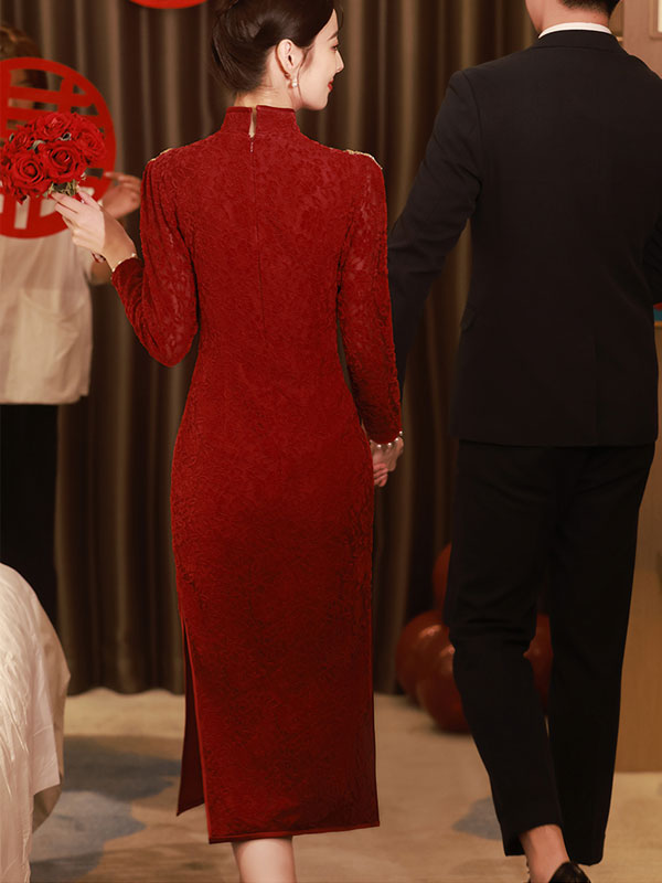 Burgundy Floral Lace Bridal Wedding Cheongsam Qipao Dress