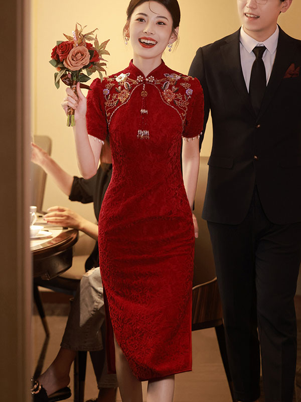 Burgundy Floral Lace Bridal Wedding Cheongsam Qipao Dress