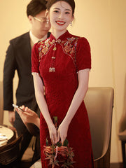 Burgundy Floral Lace Bridal Wedding Cheongsam Qipao Dress