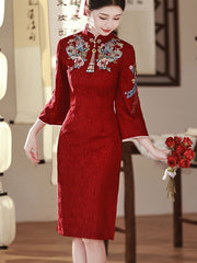 Embroidered Bell Sleeve Wedding Bride Cheongsam Qipao Dress