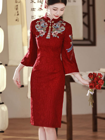 Embroidered Bell Sleeve Wedding Bride Cheongsam Qipao Dress