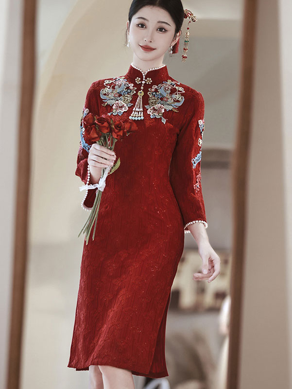 Embroidered Bell Sleeve Wedding Bride Cheongsam Qipao Dress