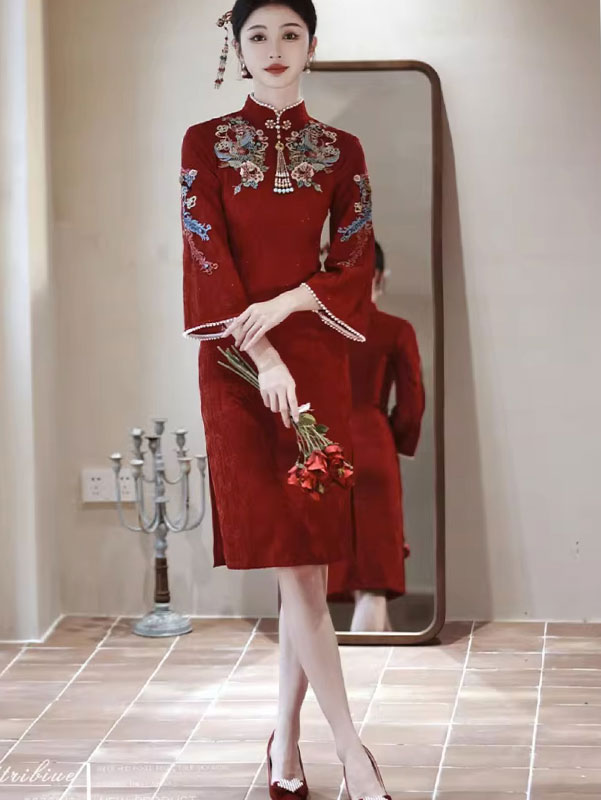 Embroidered Bell Sleeve Wedding Bride Cheongsam Qipao Dress