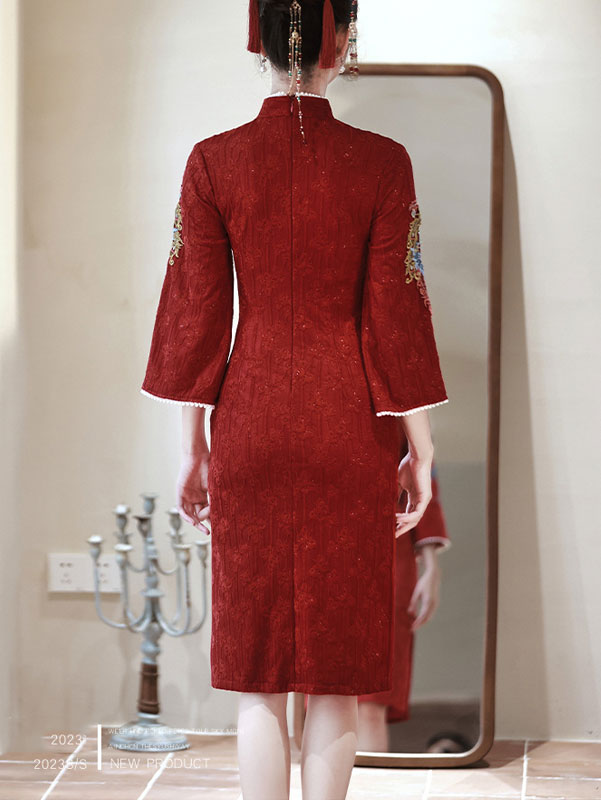 Embroidered Bell Sleeve Wedding Bride Cheongsam Qipao Dress