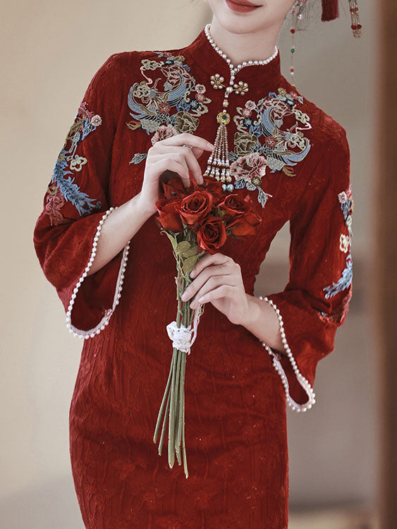 Embroidered Bell Sleeve Wedding Bride Cheongsam Qipao Dress