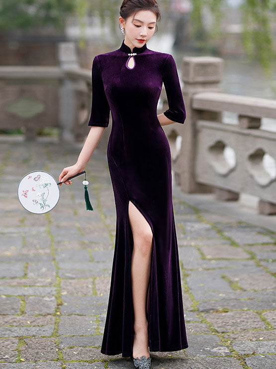 Velvet Red Purple Thigh Split Fishtail Qipao Cheongsam Dress
