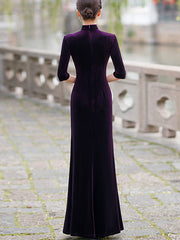 Velvet Red Purple Thigh Split Fishtail Qipao Cheongsam Dress
