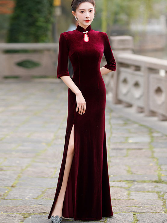 Burgundy Embroidered Thigh Split Wedding Qipao / Cheongsam Dress
