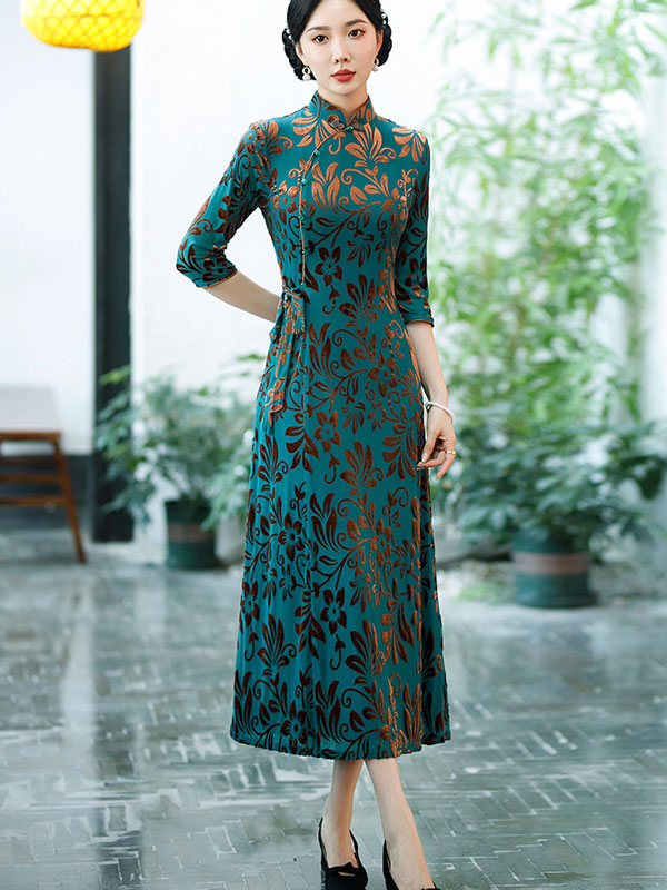 Blue Floral Velvet Belt Mothers A-Line Cheongsam Qipao Dress