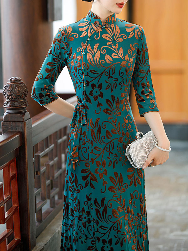 Blue Floral Velvet Belt Mothers A-Line Cheongsam Qipao Dress