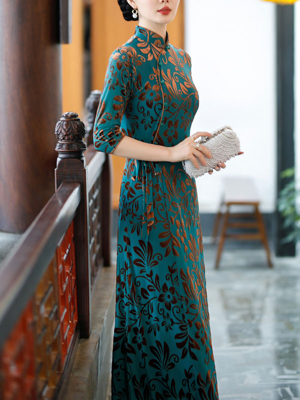 Blue Floral Velvet Belt Mothers A-Line Cheongsam Qipao Dress
