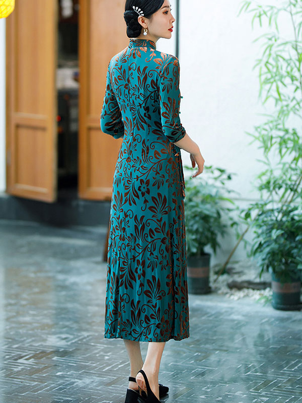 Blue Floral Velvet Belt Mothers A-Line Cheongsam Qipao Dress L