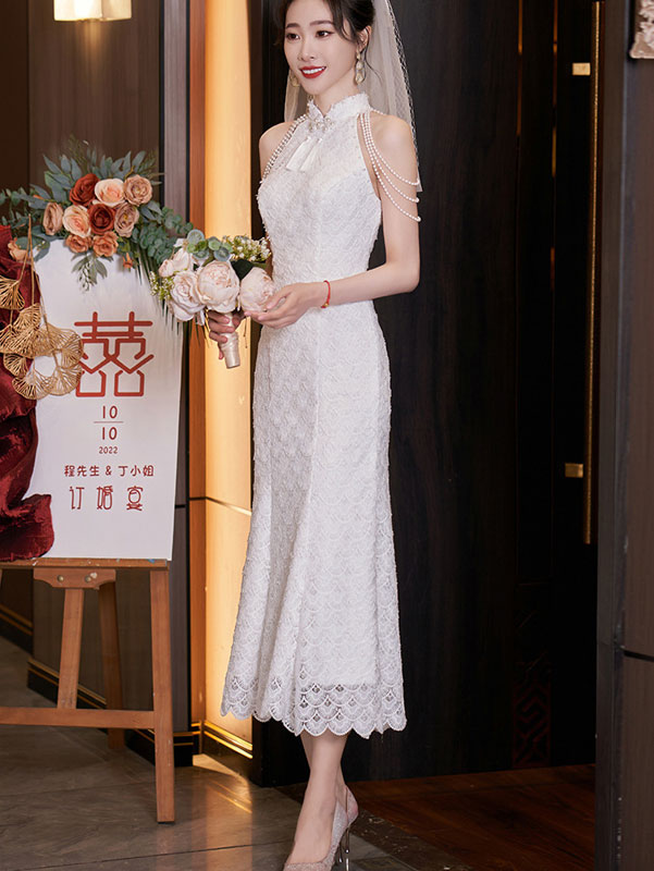 White Red Lace Midi Fishtail Bride Wedding Cheongsam Dress