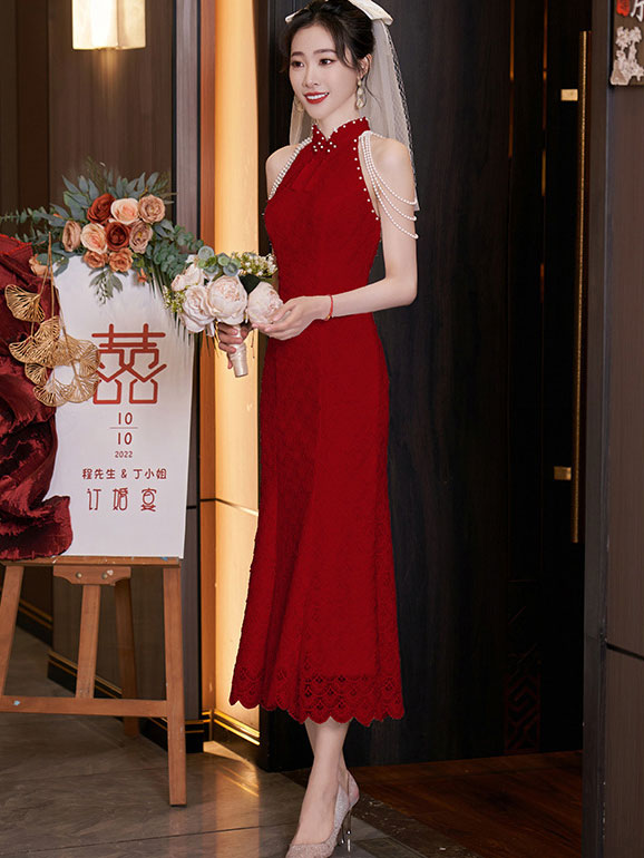 White Red Lace Midi Fishtail Bride Wedding Cheongsam Dress