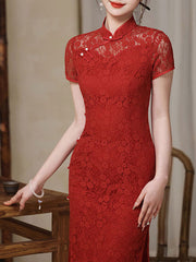 Red Floral Illusion Lace Midi Wedding Cheongsam Dress