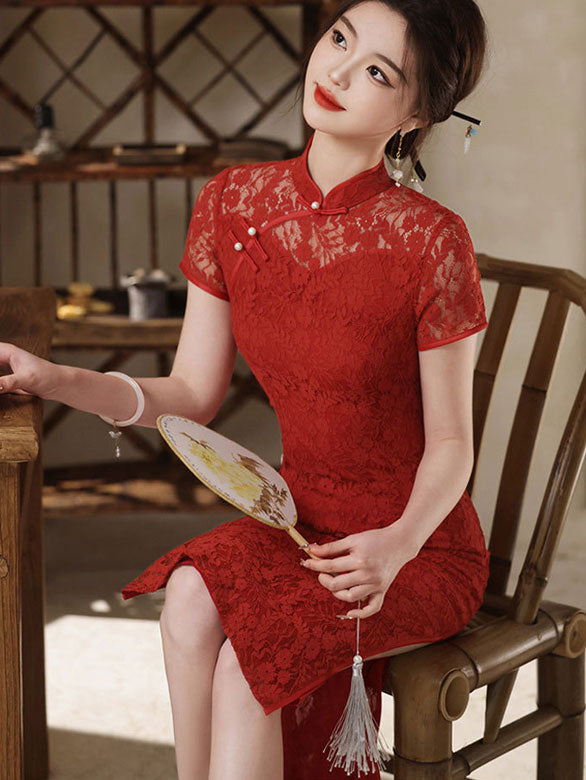 Red Floral Illusion Lace Midi Wedding Cheongsam Dress