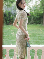 Floral Lace Illusion Midi Cheongsam Qipao Dress