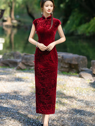 2024 Red Blue Velvet Maxi Cheongsam Qipao Dress