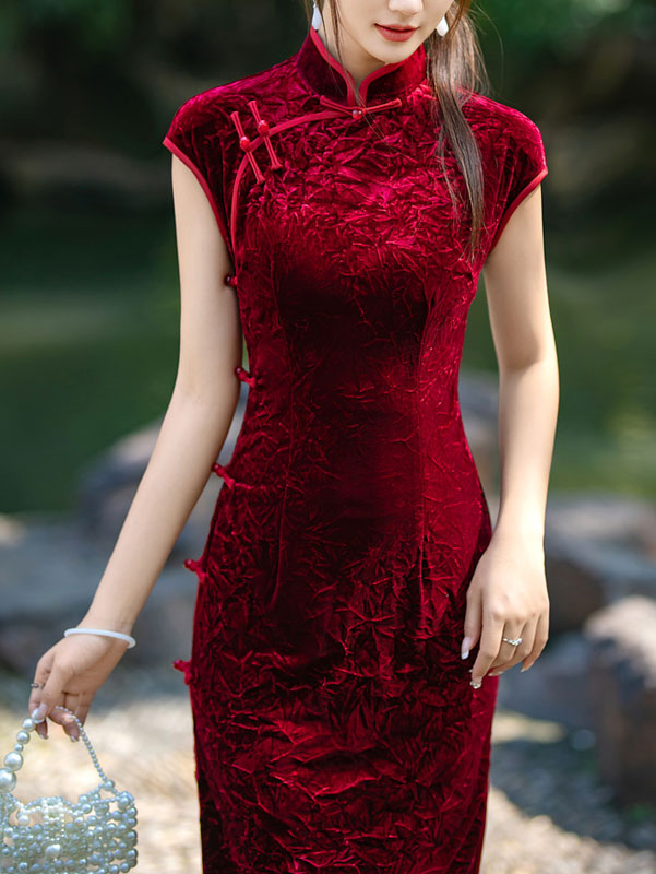 2024 Red Blue Velvet Maxi Cheongsam Qipao Dress