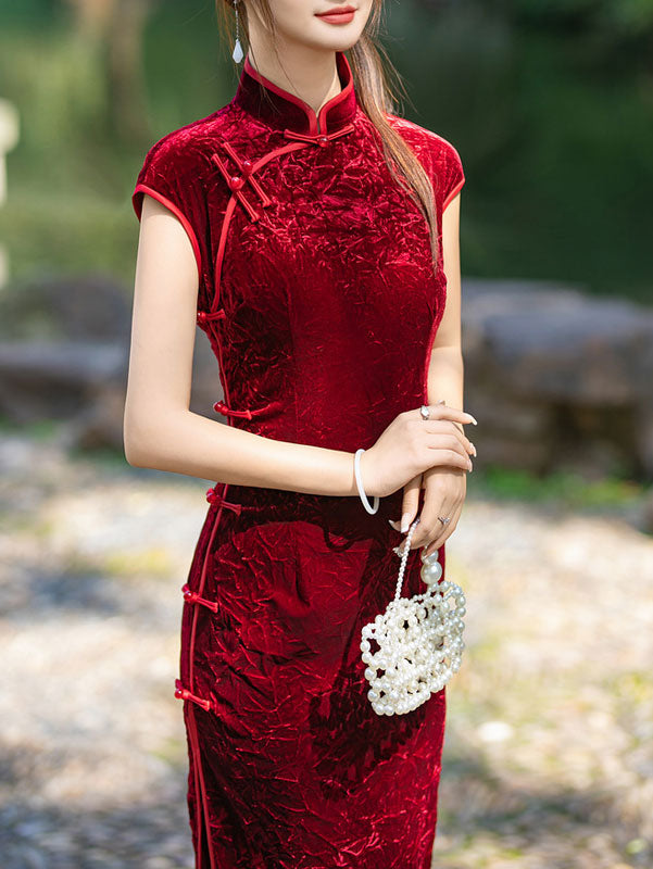 2024 Red Blue Velvet Maxi Cheongsam Qipao Dress