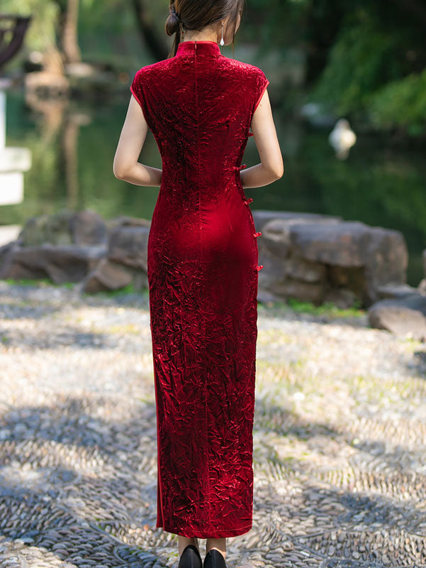 2024 Red Blue Velvet Maxi Cheongsam Qipao Dress