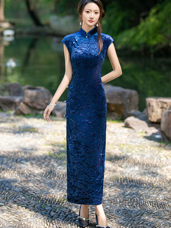 2024 Red Blue Velvet Maxi Cheongsam Qipao Dress