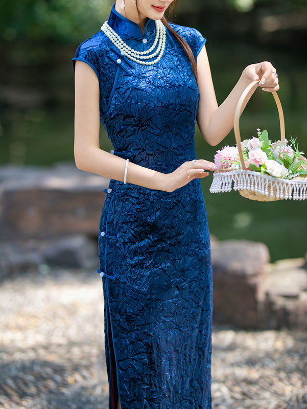 2024 Red Blue Velvet Maxi Cheongsam Qipao Dress
