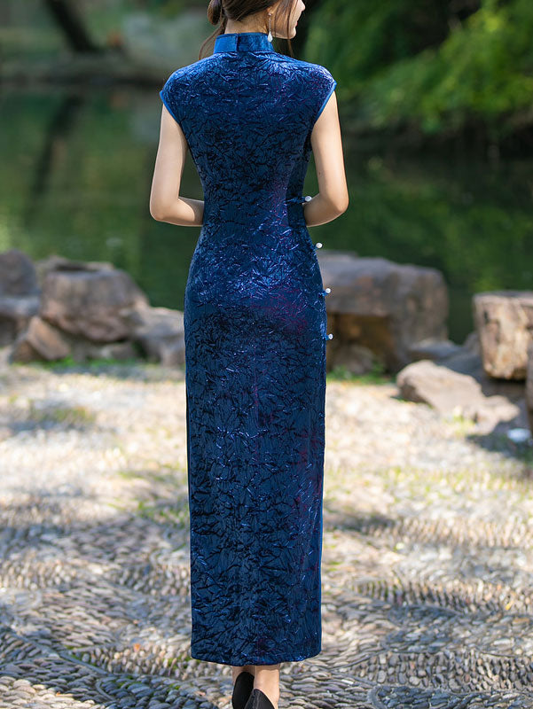 2024 Red Blue Velvet Maxi Cheongsam Qipao Dress