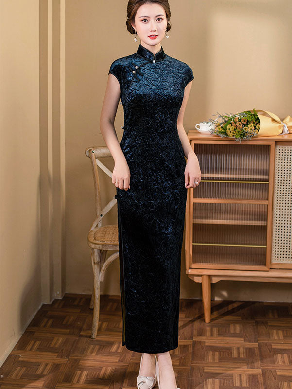 2024 Red Blue Velvet Maxi Cheongsam Qipao Dress