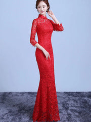 2024 Red Lace Fishtail Bride Wedding Cheongsam Gown
