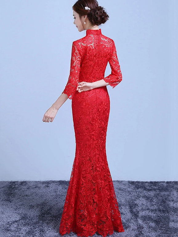 2024 Red Lace Fishtail Bride Wedding Cheongsam Gown