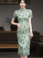 2024 Green Rose Lace Midi Cheongsam Qipao Dress