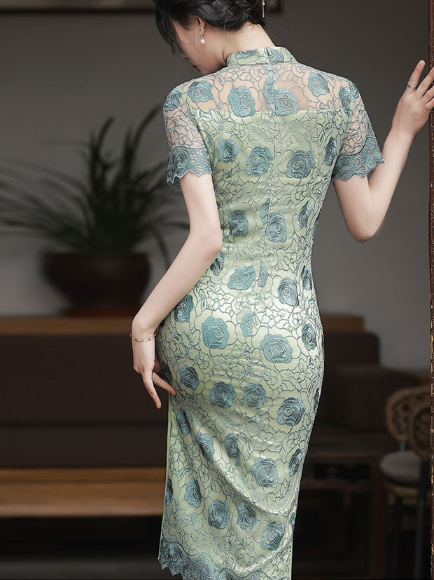 2024 Green Rose Lace Midi Cheongsam Qipao Dress