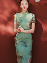 2024 Green Floral Linen Cheongsam Qipao Dress